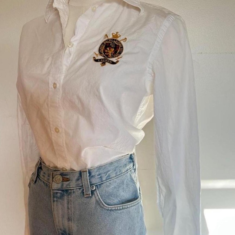 Vintage Lauren Ralph Lauren White Crest Button Down Shirt Preppy Academia Size S